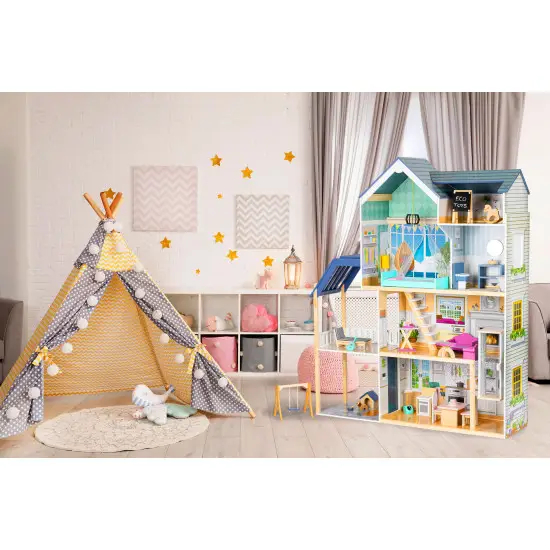 Zila koka leļļu māja Ecotoys Leļļu un spēļu komplekti ECOTOYS