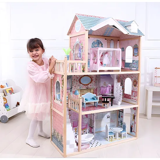Liels koka leļļu namiņš, 3 stāvi, 11 mēbeles, „ECOTOYS“