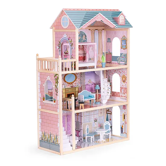 Liels koka leļļu namiņš, 3 stāvi, 11 mēbeles, „ECOTOYS“