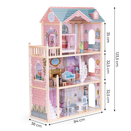 Liels koka leļļu namiņš, 3 stāvi, 11 mēbeles, „ECOTOYS“