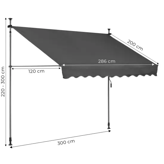 Regulējama augstuma pelēka balkona/terases nojume ar sviru 300 x 120 cm MultiGarden