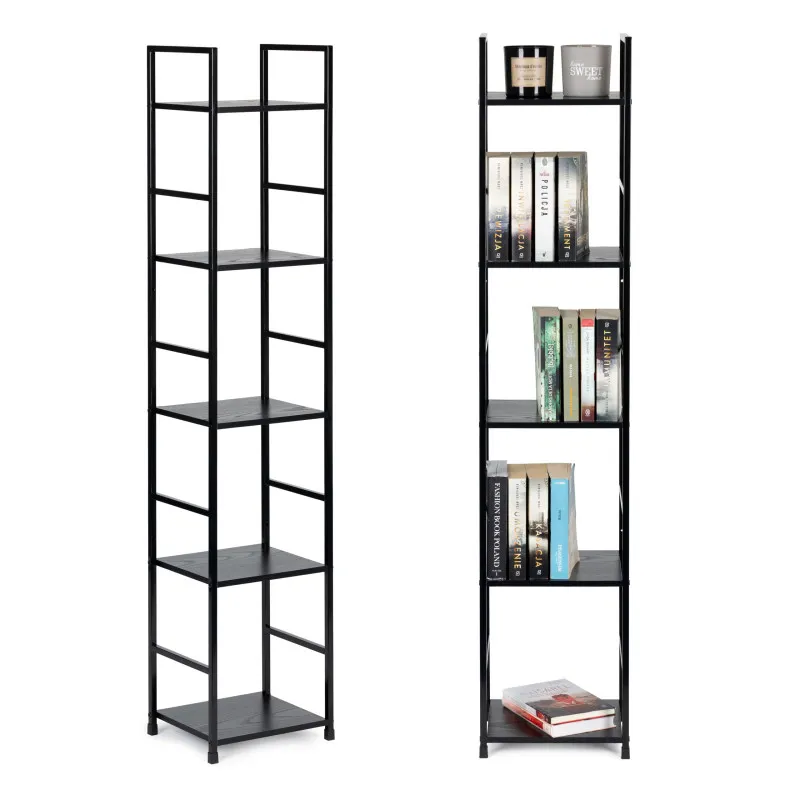 Melns plaukts LOFT ar metāla rāmi un 5 plauktiem Plaukti ModernHome
