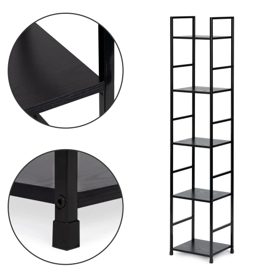 Melns plaukts LOFT ar metāla rāmi un 5 plauktiem Plaukti ModernHome