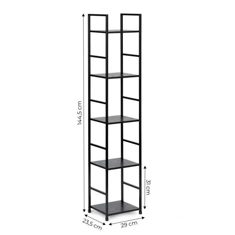 Melns plaukts LOFT ar metāla rāmi un 5 plauktiem Plaukti ModernHome