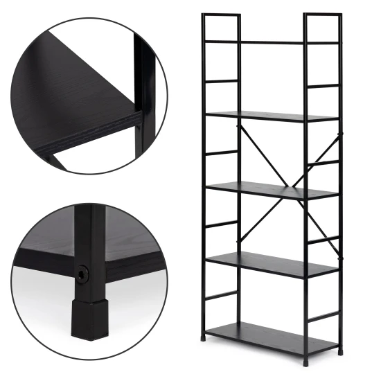 Plaša, melna, moderna koka LOFT grāmatu skapis ar 5 plauktiem Plaukti ModernHome