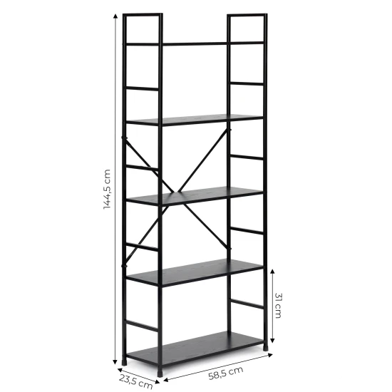 Plaša, melna, moderna koka LOFT grāmatu skapis ar 5 plauktiem Plaukti ModernHome