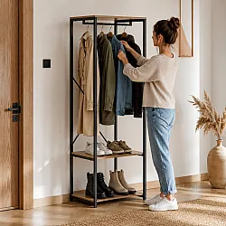 Wieszak stojący z pólkami do przedpokoju na ubrania buty loft jasny dąb ModernHome