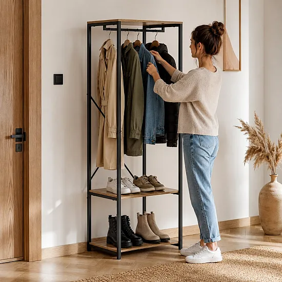 Wieszak stojący z pólkami do przedpokoju na ubrania buty loft jasny dąb ModernHome