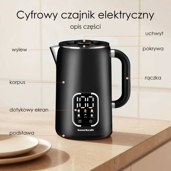 Elektriskā melnā tējkanna 1,7 l, ar temperatūras regulēšanas funkciju Elektronika un sadzīves tehnika Bauerkraft