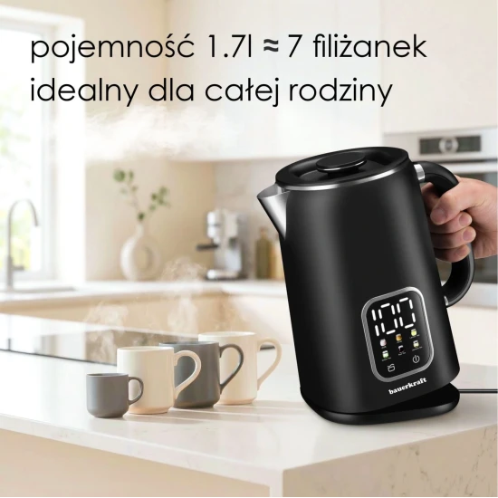 Elektriskā melnā tējkanna 1,7 l, ar temperatūras regulēšanas funkciju Elektronika un sadzīves tehnika Bauerkraft