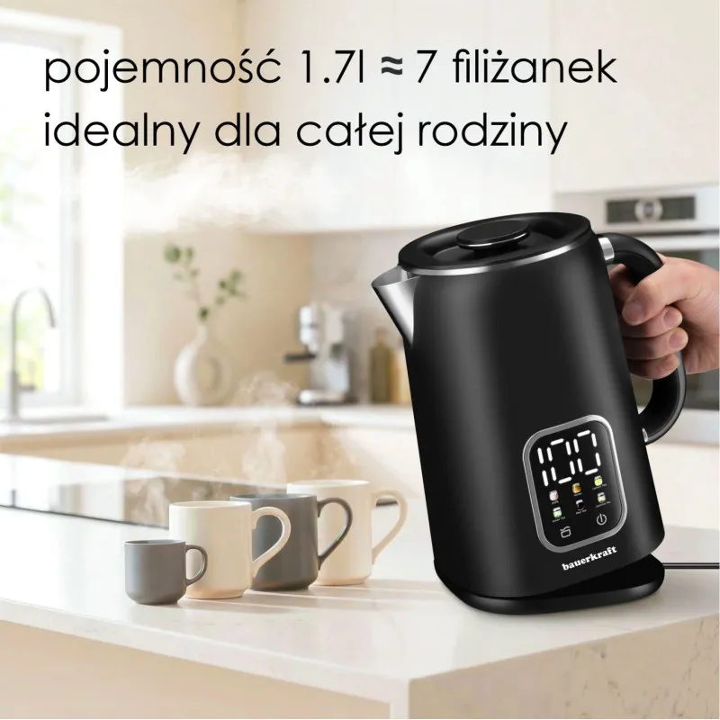 Elektriskā melnā tējkanna 1,7 l, ar temperatūras regulēšanas funkciju Elektronika un sadzīves tehnika Bauerkraft