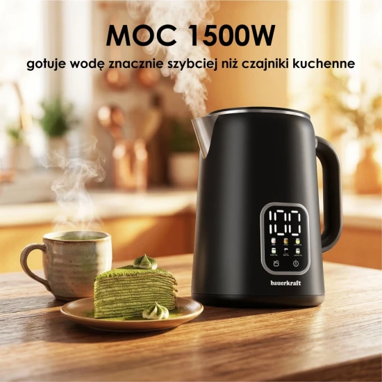 Elektriskā melnā tējkanna 1,7 l, ar temperatūras regulēšanas funkciju Elektronika un sadzīves tehnika Bauerkraft