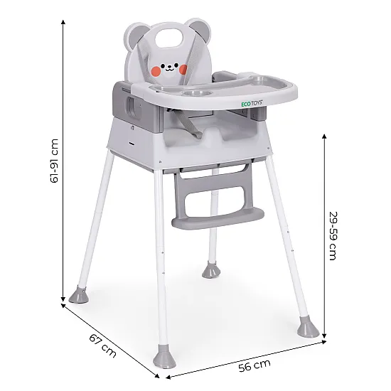 Bērnu ēdamkrēsliņš 3-in-1 ar dubultu paplāti, pelēkā krāsā, ECOTOYS