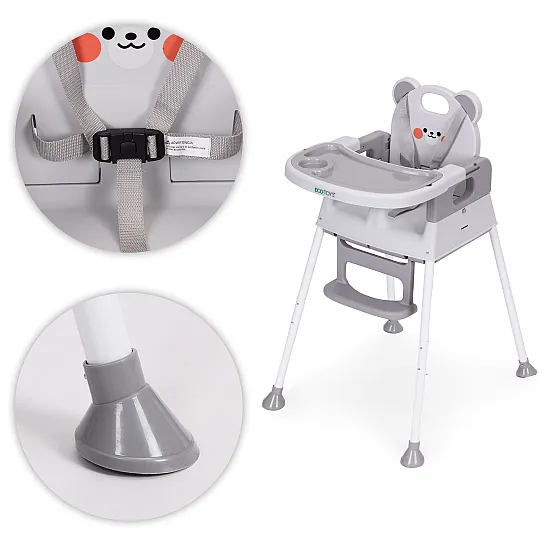 Bērnu ēdamkrēsliņš 3-in-1 ar dubultu paplāti, pelēkā krāsā, ECOTOYS