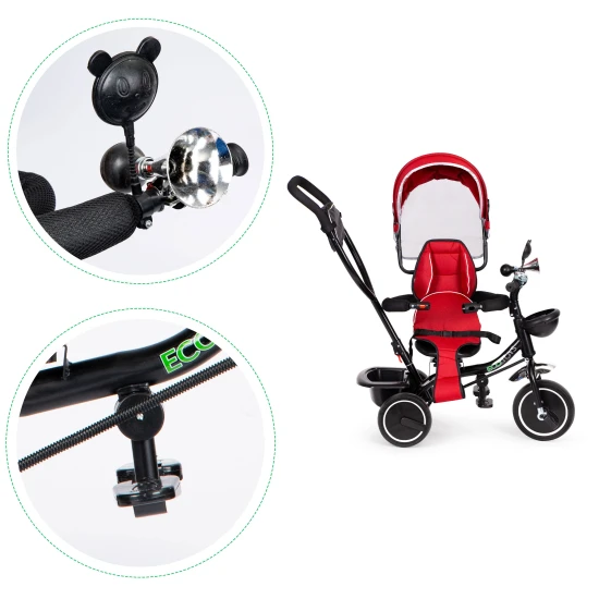 Trīsriteņu velosipēds ar pagriežamu sēdekli un jumtiņu, sarkans, Velosipēdi ECOTOYS
