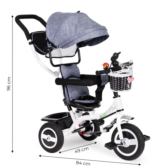 Pelēks trīsritenis ar jumtiņu Velosipēdi ECOTOYS