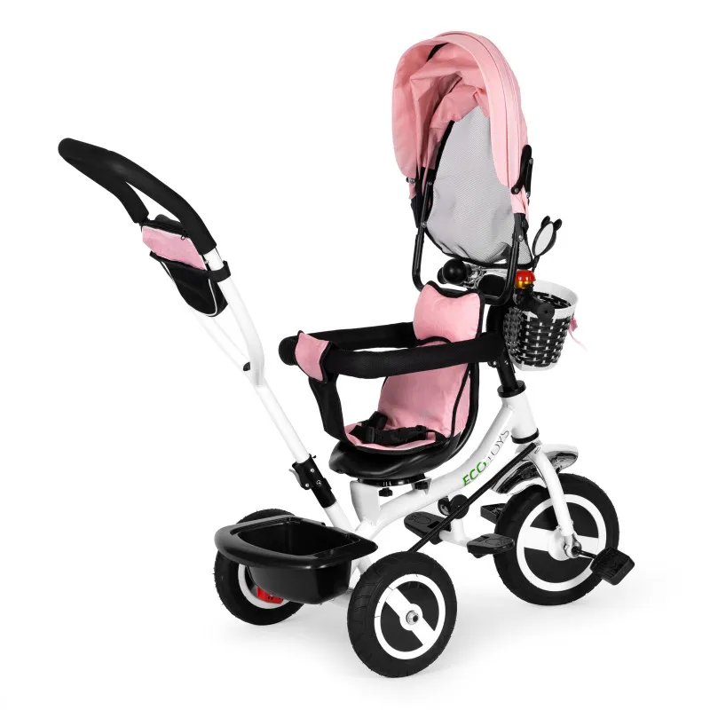 Tricycle rotating canopy durable rubber wheels pink
