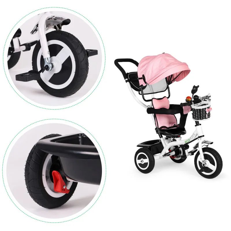 Tricycle rotating canopy durable rubber wheels pink
