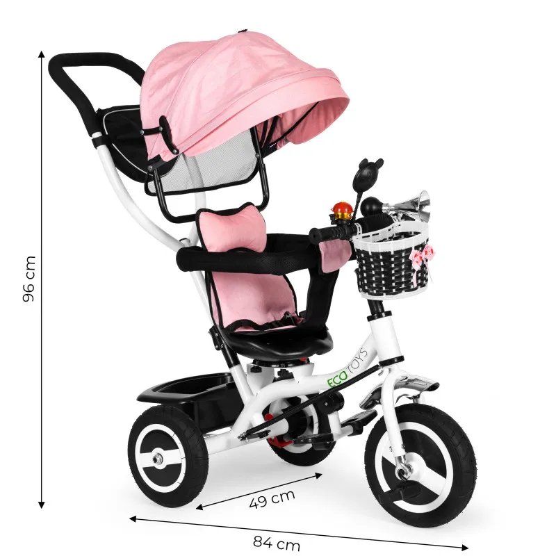 Tricycle rotating canopy durable rubber wheels pink