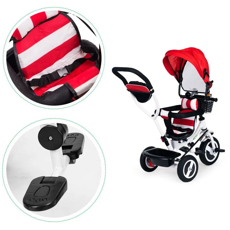 Tricycle rotating canopy durable rubber wheels red