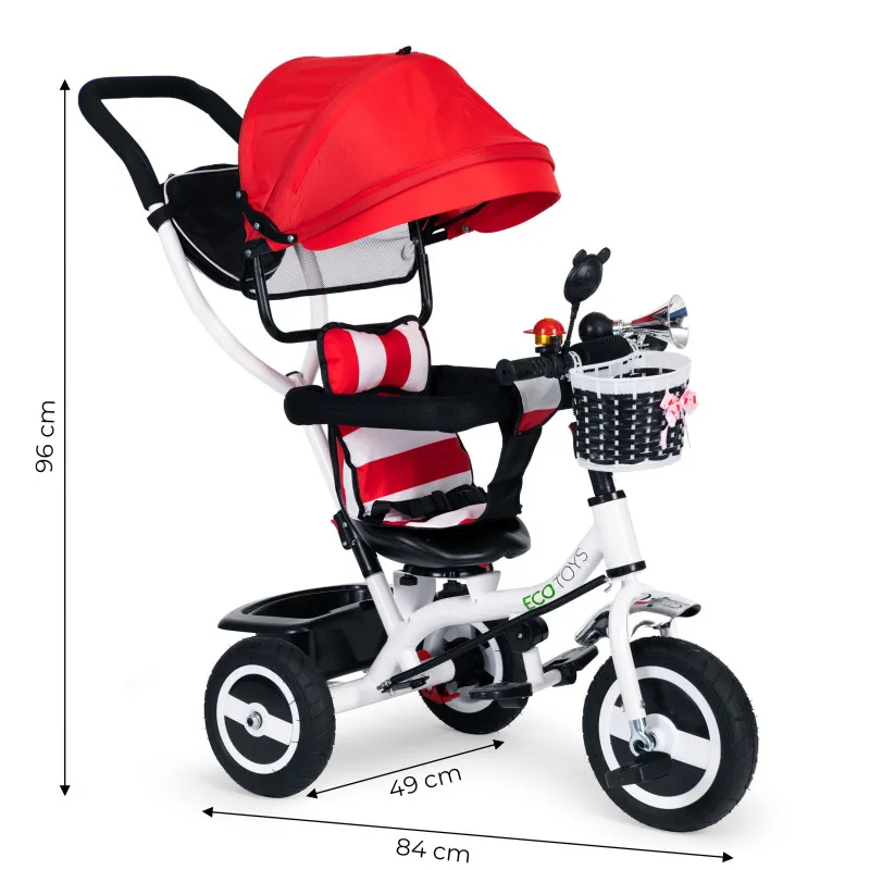 Tricycle rotating canopy durable rubber wheels red