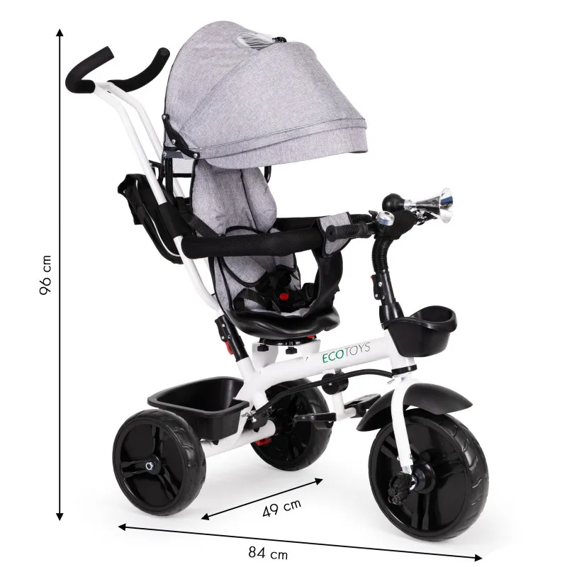 Pelēks trīsritenis ar jumtiņu Velosipēdi ECOTOYS