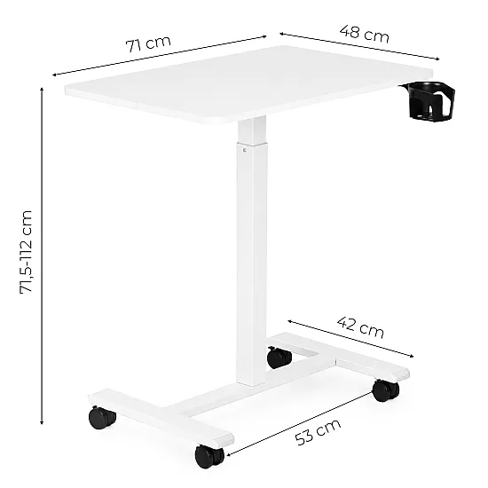 Balts mobilais galds ar regulējamu augstumu, 70 x 48 cm, ModernHome
