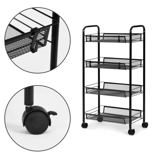 Melns metāla plaukts ar 4 plauktiem un riteņiem Plaukti ModernHome