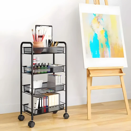 Melns metāla plaukts ar 4 plauktiem un riteņiem Plaukti ModernHome