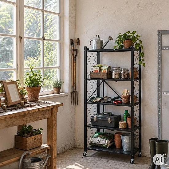 Salokāms melns plaukts ar 5 plauktiem un riteņiem „ModernHome“