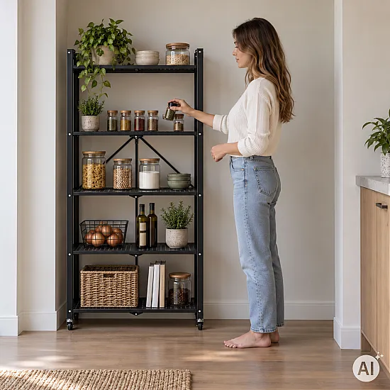 Salokāms melns plaukts ar 5 plauktiem un riteņiem „ModernHome“