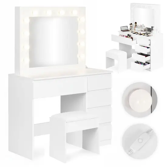 Tualetes galdiņš ar spoguli un LED apgaismojumu + taburete ModernHome