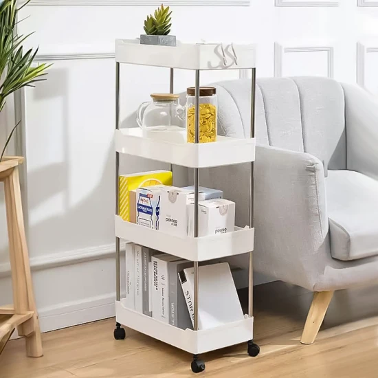 Balta plastmasas vannas istabas plaukts ar 4 plauktiem un riteņiem Plaukti ModernHome