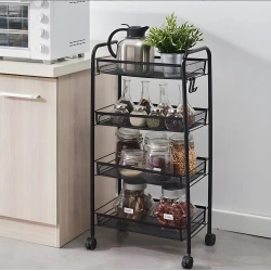 Melns metāla vannas istabas plaukts ar 4 plauktiem un riteņiem