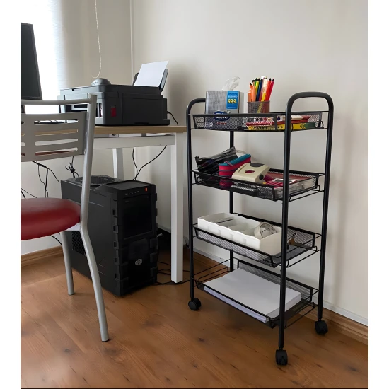 Melns metāla vannas istabas plaukts ar 4 plauktiem un riteņiem Plaukti ModernHome