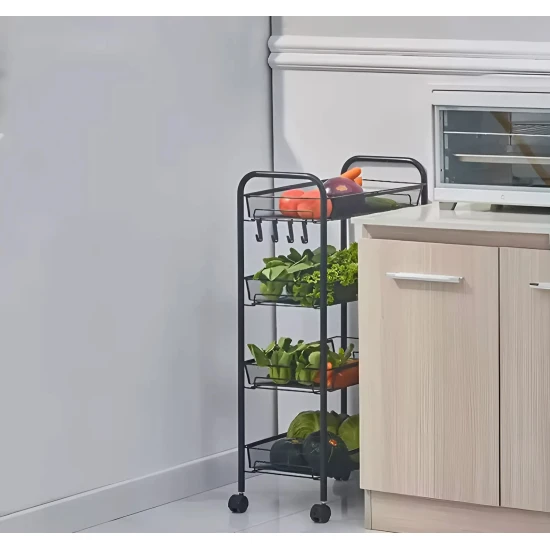 Melns metāla vannas istabas plaukts ar 4 plauktiem un riteņiem Plaukti ModernHome