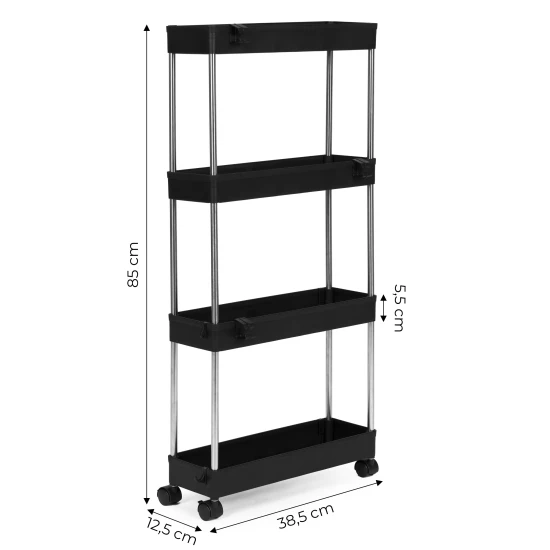 Melns plastmasas vannas istabas plaukts ar 4 plauktiem un riteņiem Plaukti ModernHome