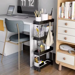 Melns plastmasas vannas istabas plaukts ar 4 plauktiem un riteņiem