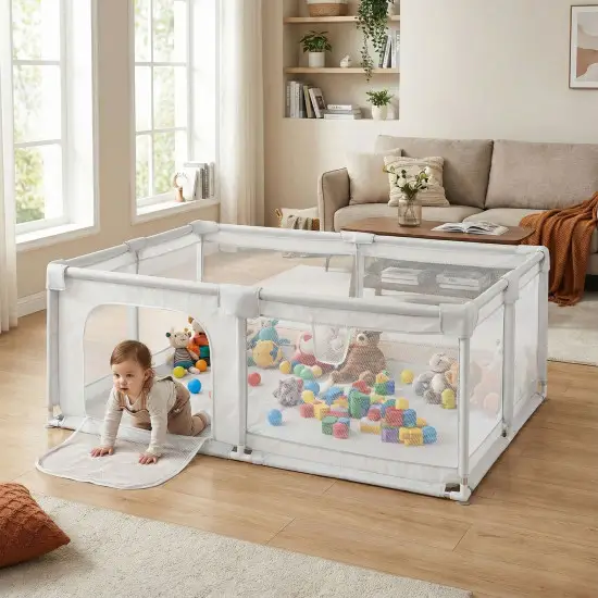 Pelēka bērnu rotaļu nožogojuma ar bumbiņām 160 x 200 cm Aizsargbarjeras ECOTOYS