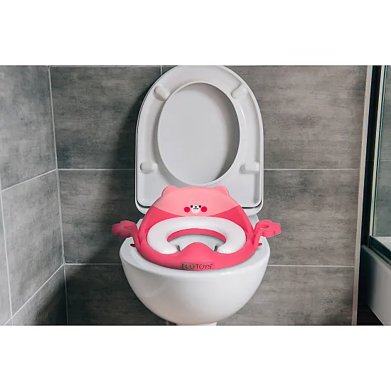 Bērniem paredzēts tualetes sēdekļa vāciņš ar rokturiņiem, mīkstu polsterējumu, rozā krāsā, „ECOTOYS“
