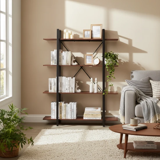 Plaukts ar metāla rāmi dzīvojamajai istabai vai birojam, 4 plaukti Plaukti ModernHome