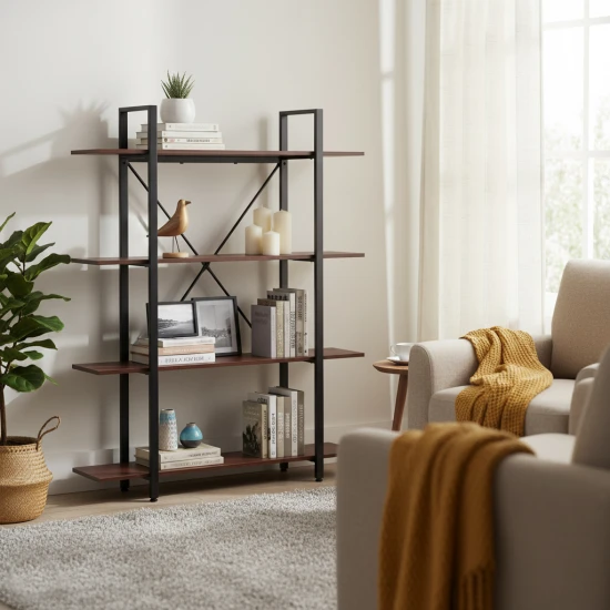 Plaukts ar metāla rāmi dzīvojamajai istabai vai birojam, 4 plaukti Plaukti ModernHome