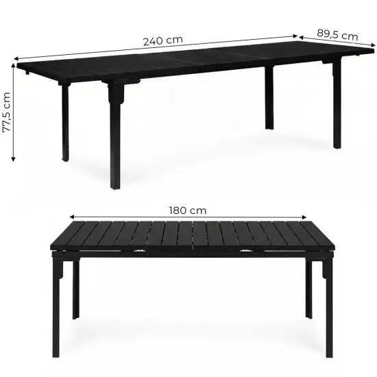 Izvelkamais melns galds 180–240 cm