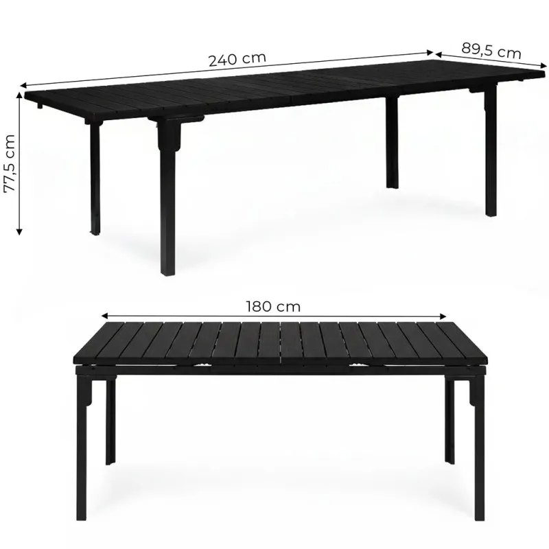 Izvelkamais melns galds 180–240 cm