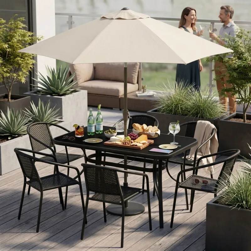 Garden table 140x80 cm tempered glass parasol hole, black, MultiGarden