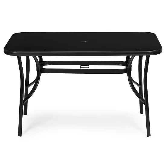 Melna galda 120 x 70 cm no rūdīta stikla ar atvērumu lietussarga stiprināšanai