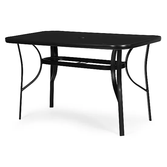 Melna galda 120 x 70 cm no rūdīta stikla ar atvērumu lietussarga stiprināšanai