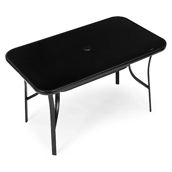 Melna galda 120 x 70 cm no rūdīta stikla ar atvērumu lietussarga stiprināšanai