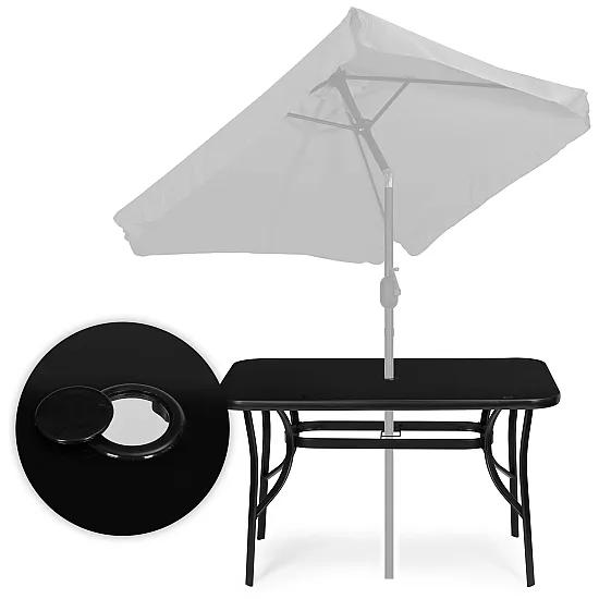 Melna galda 120 x 70 cm no rūdīta stikla ar atvērumu lietussarga stiprināšanai