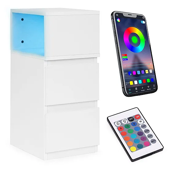 Balta kumode ar 2 atvilktnēm un LED apgaismojumu